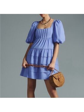 By Anthropologie Light Blue Square-Neck Puff Sleeve Tier Dress